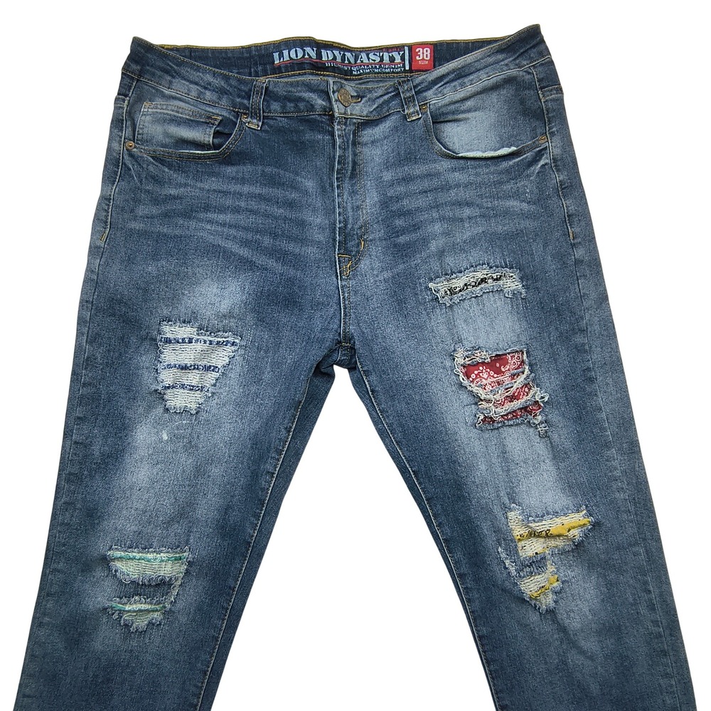 Lion Dynasty Mens 38 Slim‎ Blue Distressed Bandana Patch Jeans Premium Denim